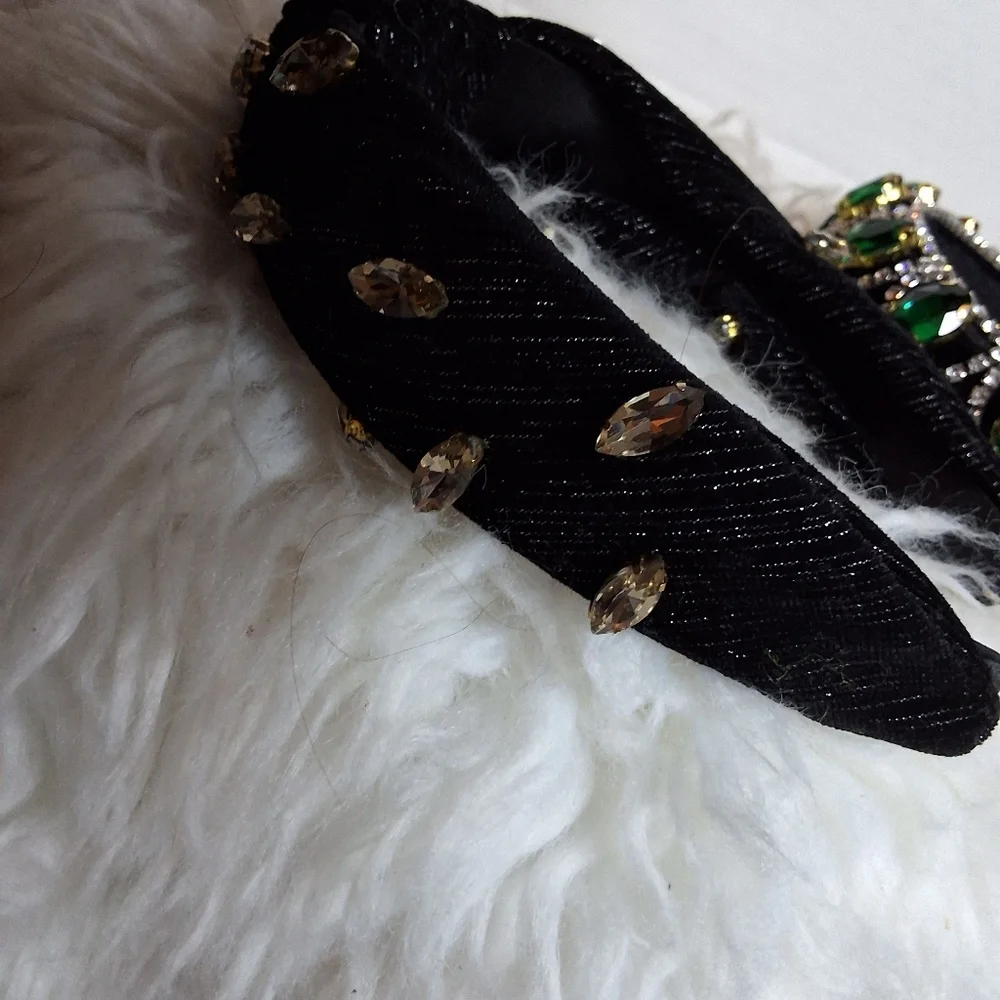 Set of 2 Jeweled Headbands Black Velvet Emerald Green Rhinestone Luxe Glam